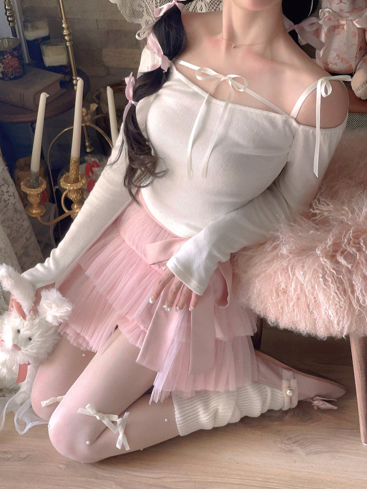 Sweet Bow Off Shoulder Long Sleeve Blouse