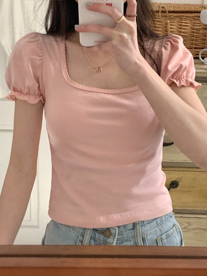 Pink Puff Sleeve Square Collar Top