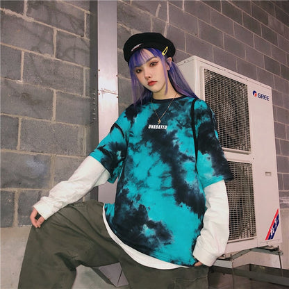 Cute Tie Dyed Hip Hop Casual Punk Goth Loose Oversized Short Sleeve Shirt Tee T-shirt E-Girl Kawaii Korean Japanese Harajuku Chinese Retro Streetwear