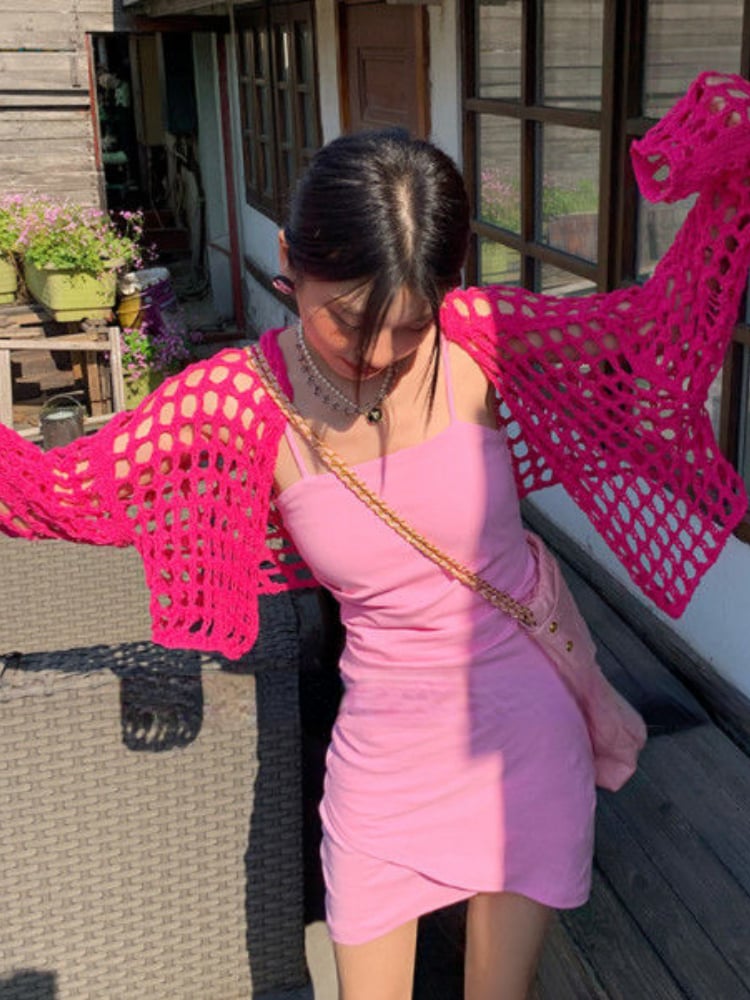Pink Hollow Out Smock Knit Sweater