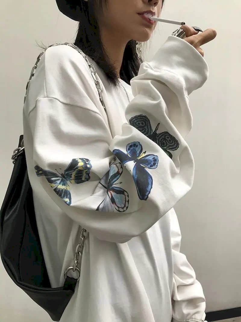 Cute Vintage White Butterfly Print Long Sleeve Shirt Sweatshirt Loose Oversized Autumn Aesthetic E-Girl Kawaii Korean Japanese Harajuku Streetwear