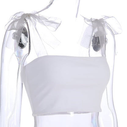 Cute White Patchwork Mesh Transparent Straps Tie Up Tank Top Crop Shirt Tee T-shirt E-Girl Kawaii Korean Japanese Harajuku Retro Streetwear Aesthetic