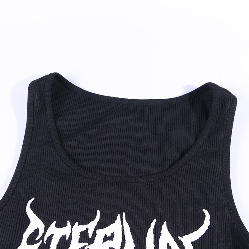 Black Skull Print Knit Ruffle Tank Top Cropped Sleeveless Shirt Causal Goth Punk Causal Summer E-Girl Kawaii Korean Japanese Harajuku Streetwear