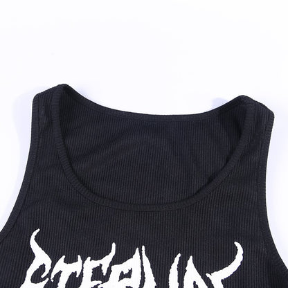 Black Skull Print Knit Ruffle Tank Top Cropped Sleeveless Shirt Causal Goth Punk Causal Summer E-Girl Kawaii Korean Japanese Harajuku Streetwear