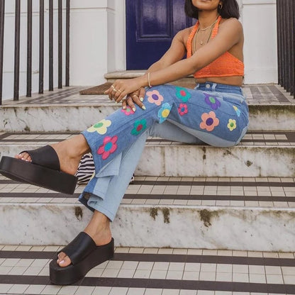 Cute Vintage Flower Patchwork High Waisted Denim Jean Trouser Pants Indie Punk Aesthetic Casual Summer E-Girl Kawaii Korean Japanese Harajuku