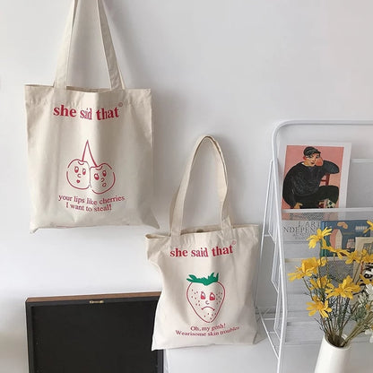 Cute Strawberry Cherry Print Canvas Tote Bag Eco Shopping Shoulder Bag Aesthetic Casual Summer E-Girl Kawaii Korean Japanese Harajuku
