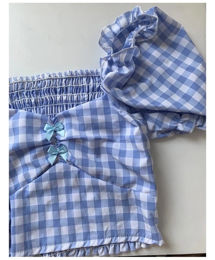 Cute Sexy Blue Plaid Print Bow Ribbon Collar Puff Short Sleeve Shirt Blouse Aesthetic Casual Summer E-Girl Kawaii Korean Japanese Harajuku