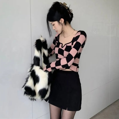 Pink & Black Checkboard Knit Sweater