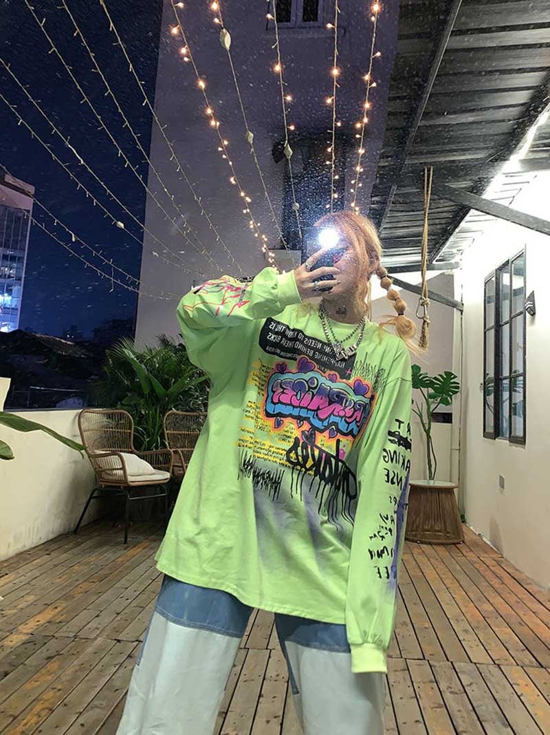 Cute Graffiti Art Graphic Print Punk Baggy Hip Hop Oversized Long Sleeve Tee Shirt T-shirt Top E-Girl Kawaii Korean Japanese Harajuku Streetwear