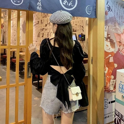 Cute Pink Back Puff Sleeve French Bow Bandage Long Sleeve Shirt Blouse Crop Top Square Neck Aesthetic Casual E-Girl Kawaii Korean Japanese Harajuku
