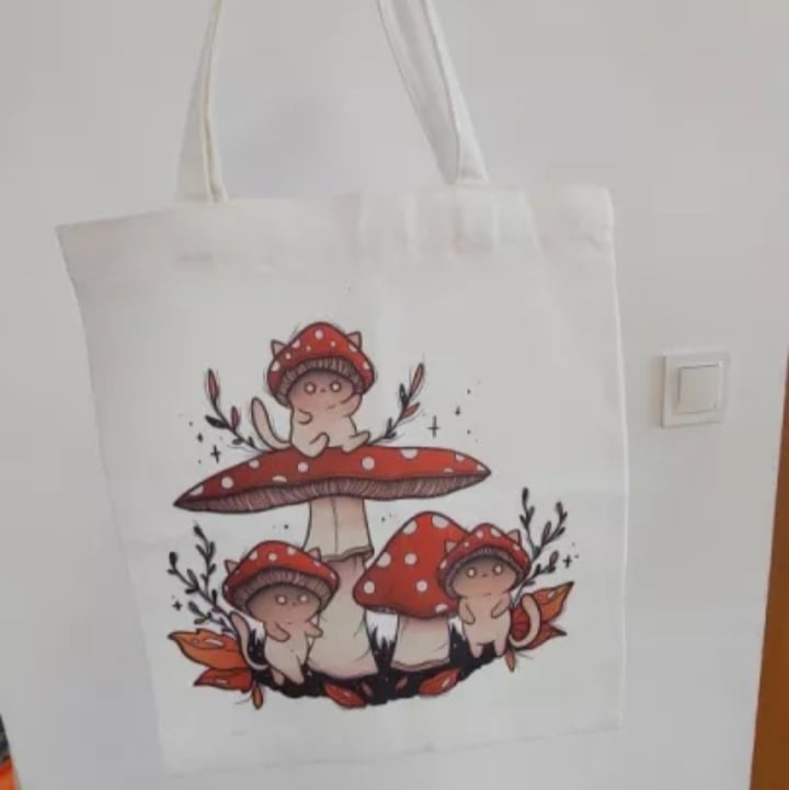 Cute Cat Ghost Mushroom Print Reusable Shopping Bag Canvas Tote Bag Shoulder Bag Aesthetic Casual E-Girl Kawaii Korean Japanese Harajuku