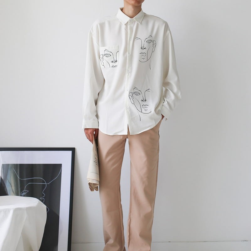 Cute Face Asymmetrical White Long Sleeve Shirt Tee T-shirt Top Blouse E-Girl Kawaii Korean Japanese Harajuku Retro Streetwear Aesthetic