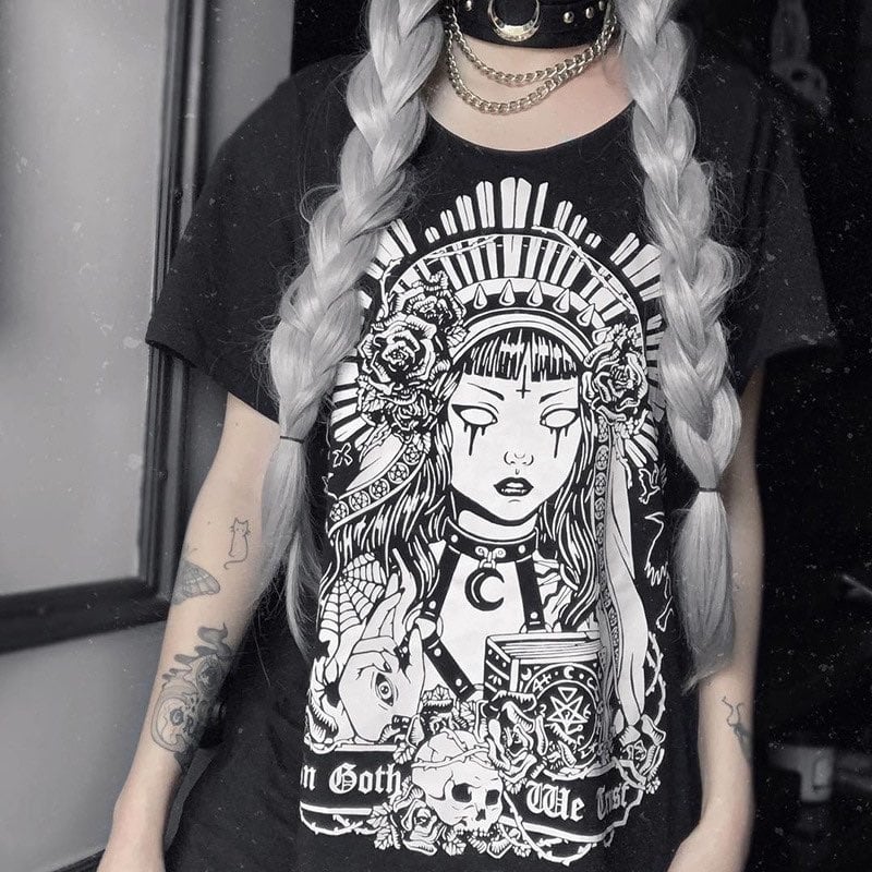 Cute Black Witch Anime Girl Cartoon Print Hoodie Sweater Sweatshirt Pullover Shirt Goth Punk E-Girl Kawaii Korean Japanese Harajuku Streetwear