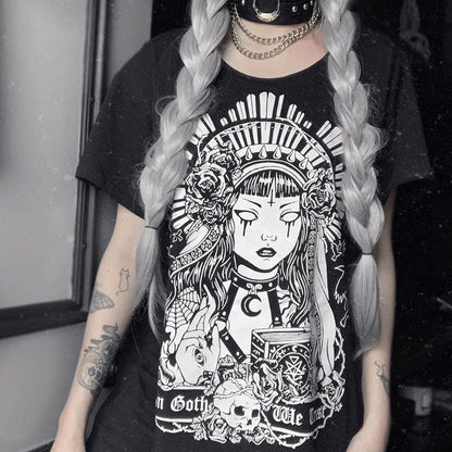 Cute Black Witch Anime Girl Cartoon Print Hoodie Sweater Sweatshirt Pullover Shirt Goth Punk E-Girl Kawaii Korean Japanese Harajuku Streetwear