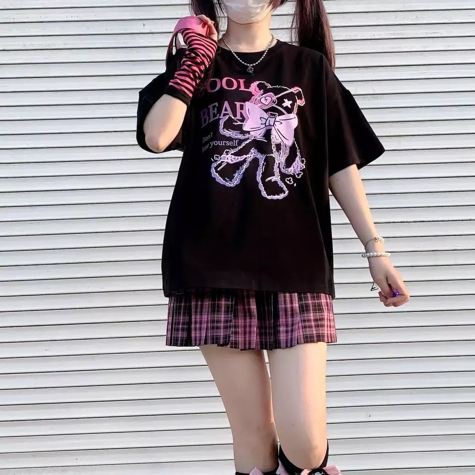 Black Bear Bow Cartoon Print Short Sleeve Tee Shirt T-shirt Top Goth Punk Causal Summer E-Girl Kawaii Korean Japanese Harajuku Streetwear