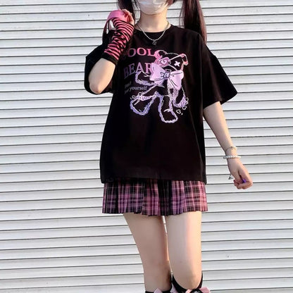 Black Bear Bow Cartoon Print Short Sleeve Tee Shirt T-shirt Top Goth Punk Causal Summer E-Girl Kawaii Korean Japanese Harajuku Streetwear