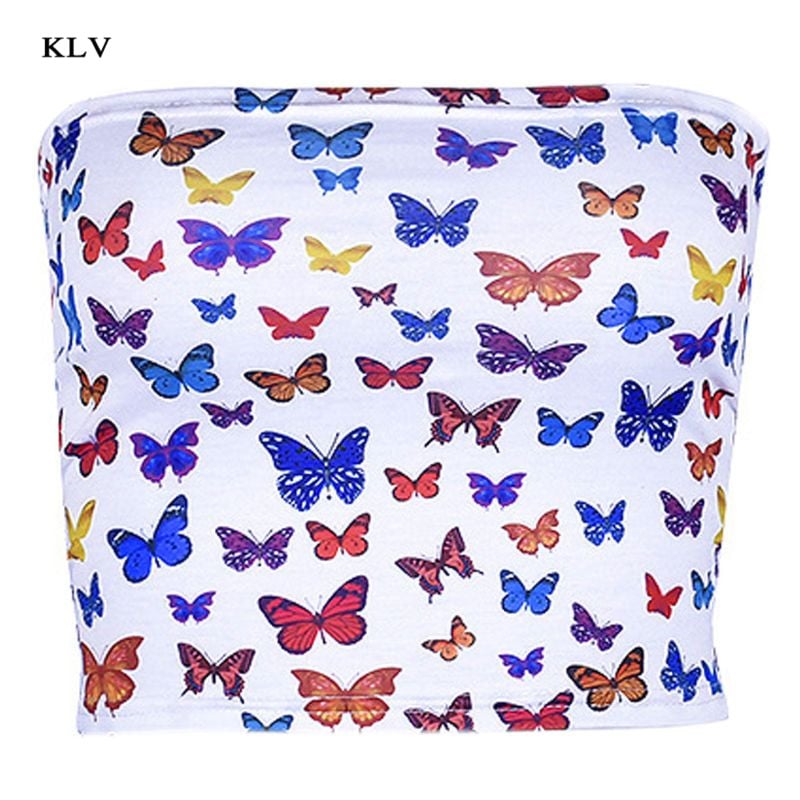 Cute Sexy Butterfly Print Colorful Crop Top Tube Off the Shoulder T-shirt Tee Shirt E-Girl Kawaii Korean Japanese Harajuku Retro Streetwear Fashion
