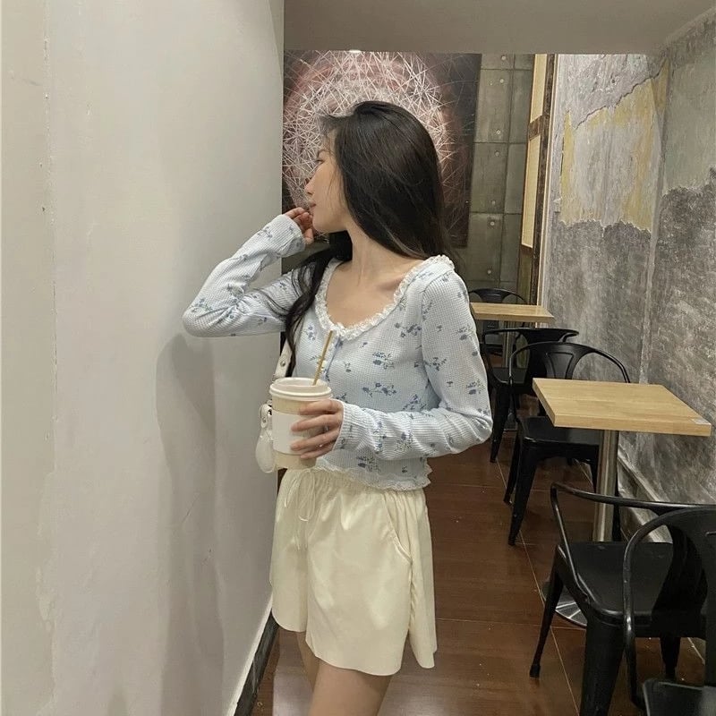 Sweet Floral Lace Chic Cardigan Patchwork Long Sleeve Shirt Crop Top Casual Summer E-Girl Kawaii Korean Japanese Harajuku