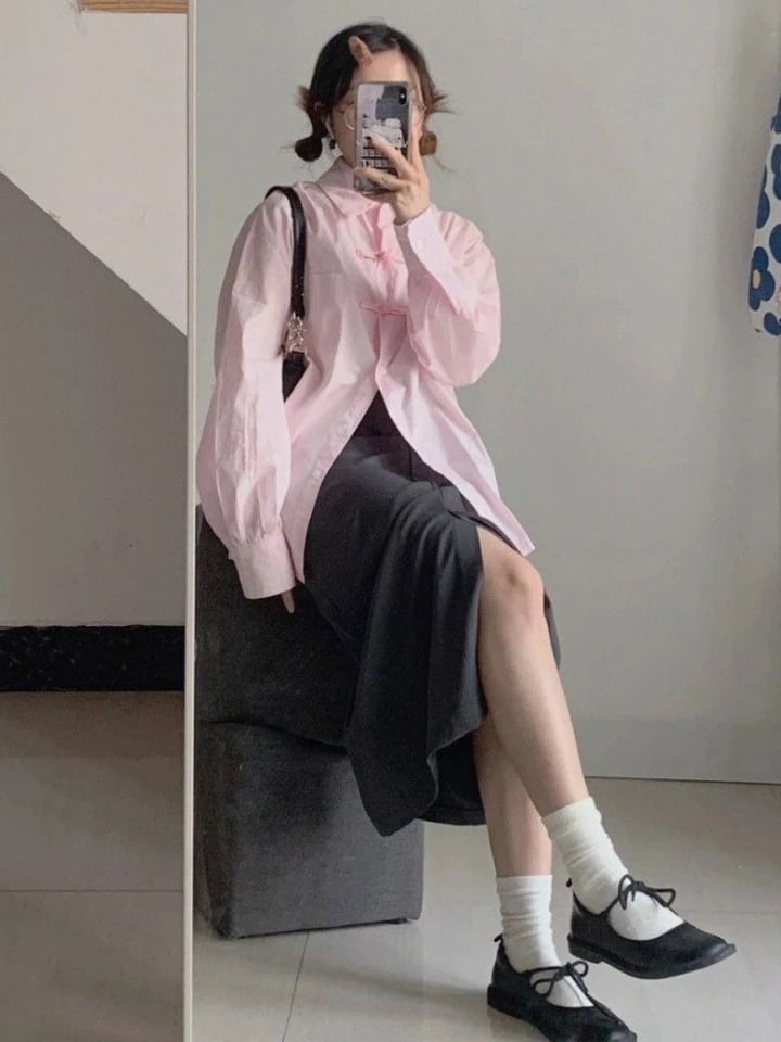 Pink Button Loose Long Sleeve Blouse