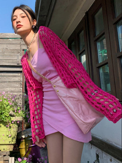 Pink Hollow Out Smock Knit Sweater