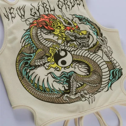 Cute Dragon Ying Yang Print Lace Tank Crop Top Off Shoulder Punk Aesthetic Casual Summer E-Girl Kawaii Korean Japanese Haraju