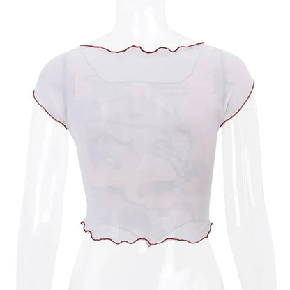 Abstract Print Mesh Sheer Crop Top