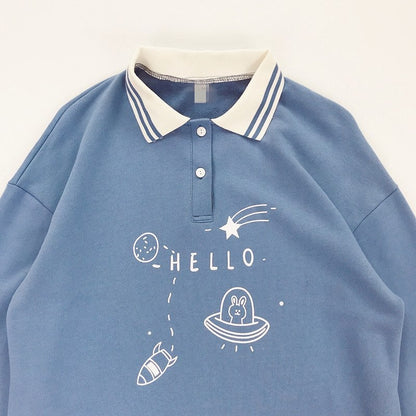 Cute Bunny Rabbit Spaceship Cartoon Print Button Down Long Sleeve Shirt T-shirt Top Summer Casual E-Girl Kawaii Korean Japanese Harajuku Streetwear