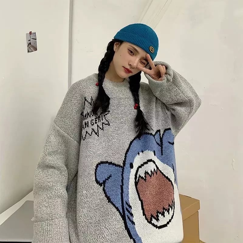 Cute Funny Shark Cartoon Knit Turtleneck Oversized Sweater Pullover Winter Aesthetic Casual Kawaii Korean Japanese Harajuku