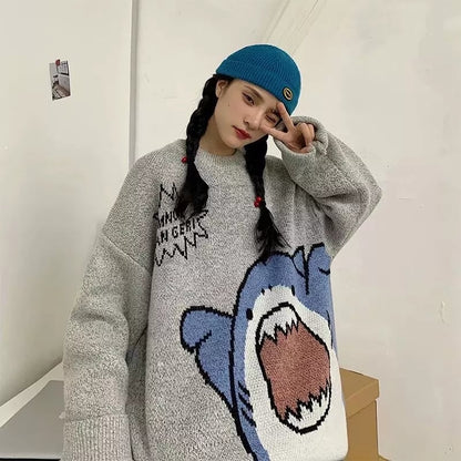 Cute Funny Shark Cartoon Knit Turtleneck Oversized Sweater Pullover Winter Aesthetic Casual Kawaii Korean Japanese Harajuku