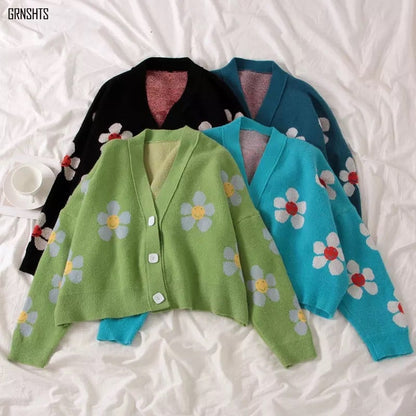 Cute Vintage Flower V Neck Long Sleeve Knit Cardigan Sweater Sweatshirt Pullover Jumper E-Girl Kawaii Korean Japanese Harajuku Streetwear
