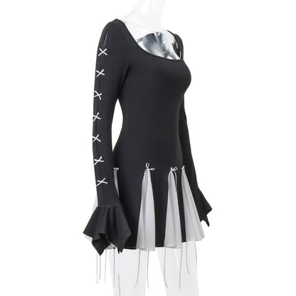 Black Lace Up Splice Fold Bodycon Dress