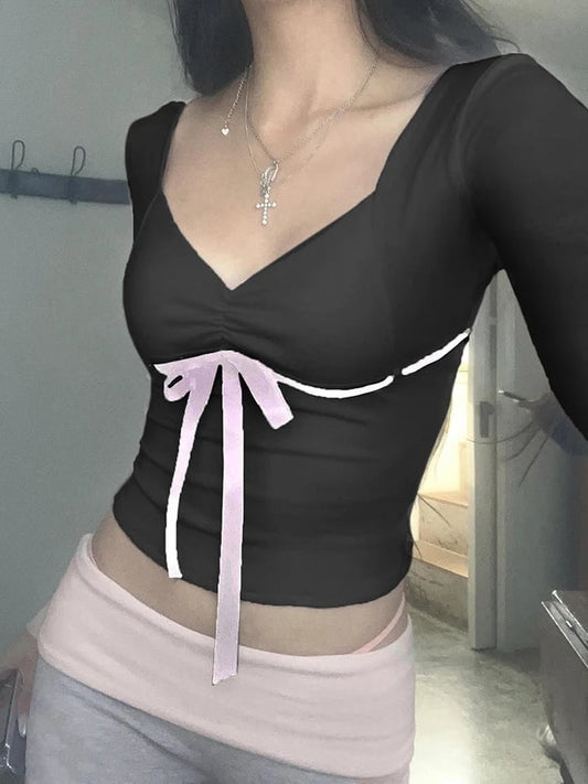 Bandage Bow Square Collar Crop Top