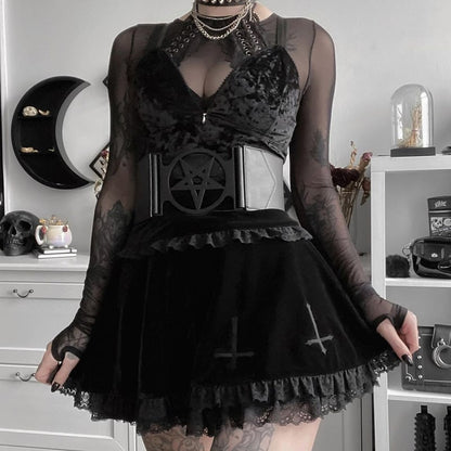 Cute Sexy Goth Black Cross Skirt Vintage Lace Trim A-Line Grunge Punk High Waist Ruffle Summer E-Girl Kawaii Korean Japanese Harajuku Streetwear