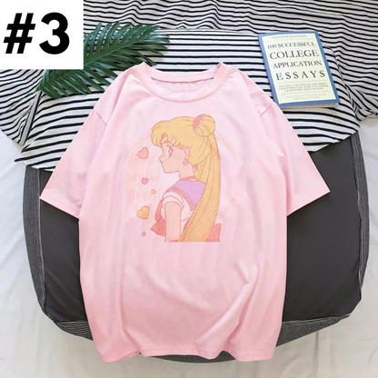 Cute Japanese Anime Girl Cartoon Print Loose Short Sleeve Shirt Aesthetic Casual E-Girl Kawaii Korean Japanese Harajuku
