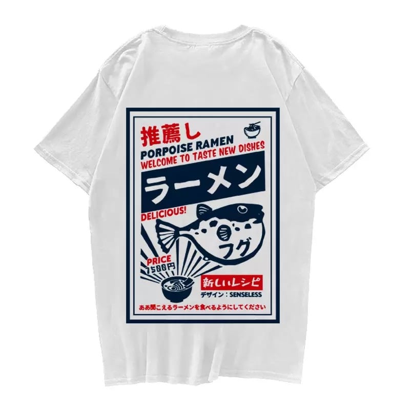 Puffer Fish Ramen Sushi Graphic Cartoon Print Loose Oversized Short Sleeve T-shirt Top Summer Causal E-Girl Kawaii Korean Japanese Harajuku Streetwear