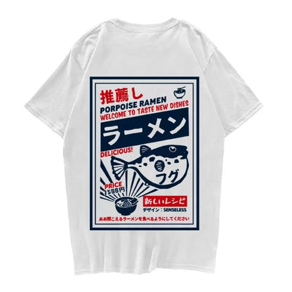 Puffer Fish Ramen Sushi Graphic Cartoon Print Loose Oversized Short Sleeve T-shirt Top Summer Causal E-Girl Kawaii Korean Japanese Harajuku Streetwear