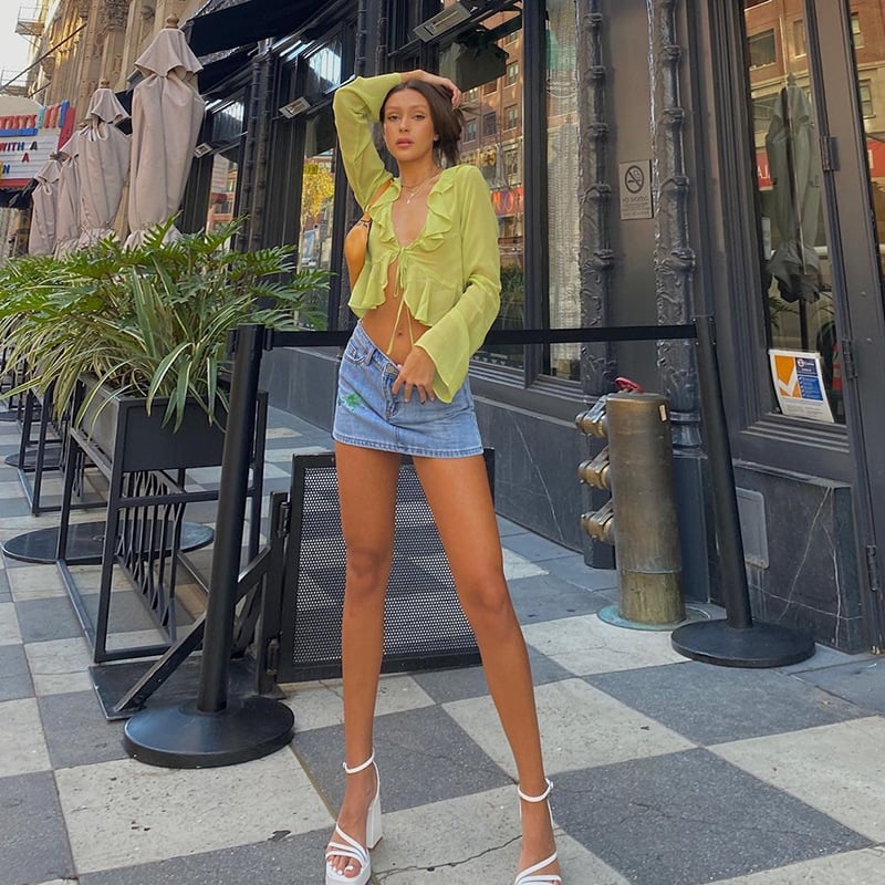 Green Sheer Flare Long Sleeve V Neck Blouse