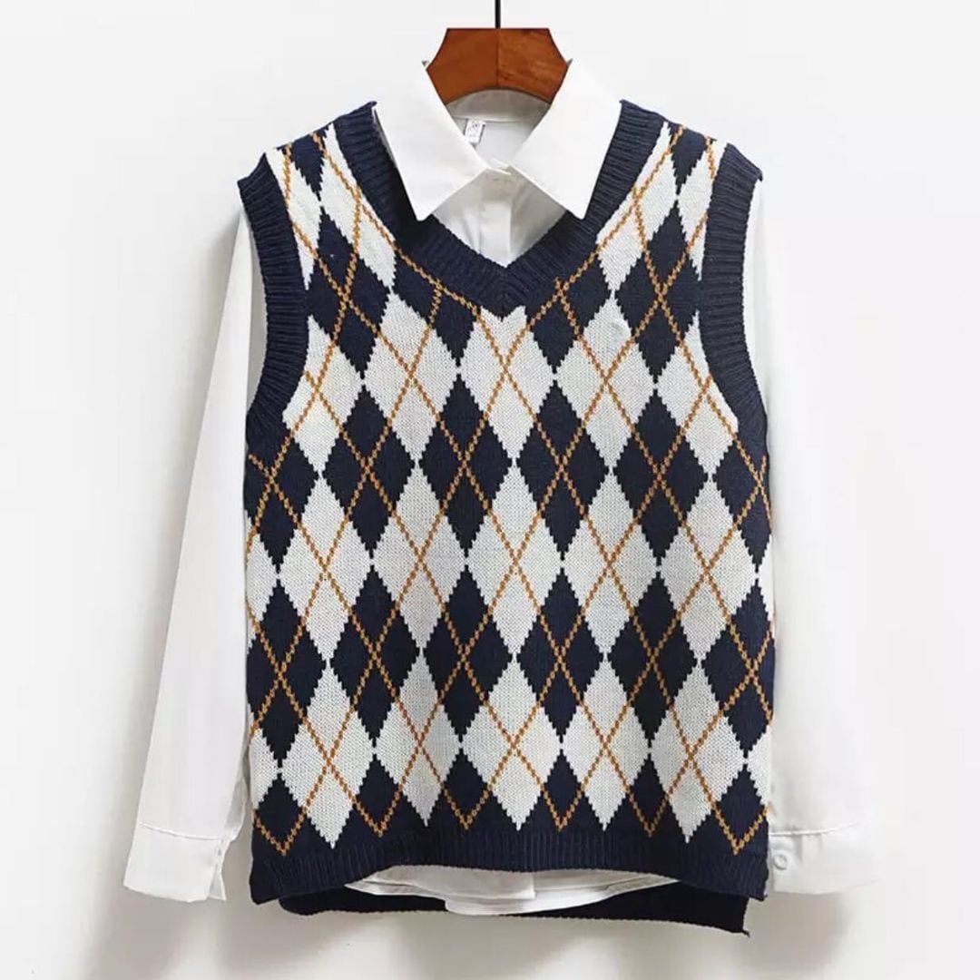 Cute Argyle V Neck Sleeveless Vest Knit Sweater Pullover Jumper Tank Top Autumn Aesthetic E-Girl Kawaii Korean Japanese Harajuku Streetwear