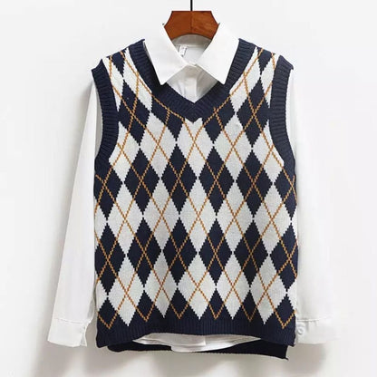 Cute Argyle V Neck Sleeveless Vest Knit Sweater Pullover Jumper Tank Top Autumn Aesthetic E-Girl Kawaii Korean Japanese Harajuku Streetwear