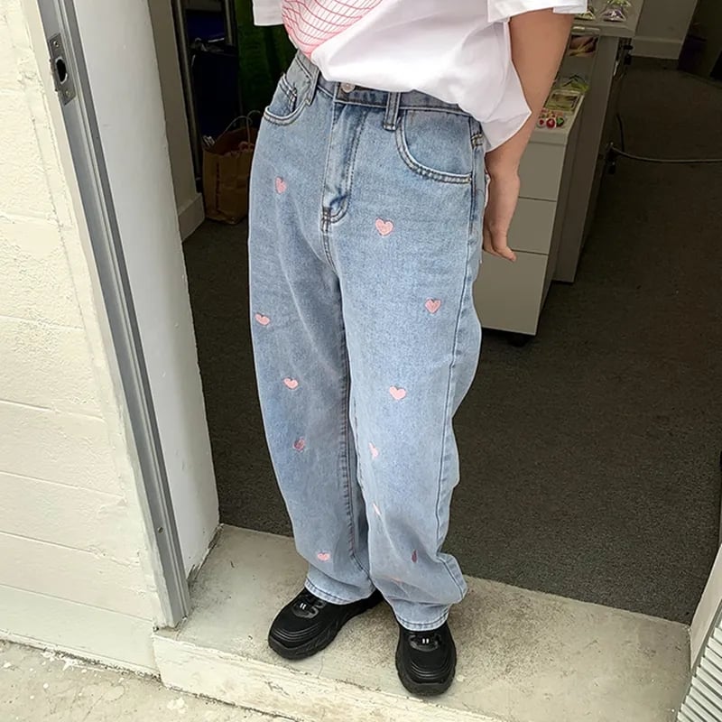 Pink Heart Embroidery Denim Jeans