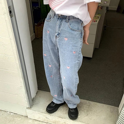 Pink Heart Embroidery Denim Jeans