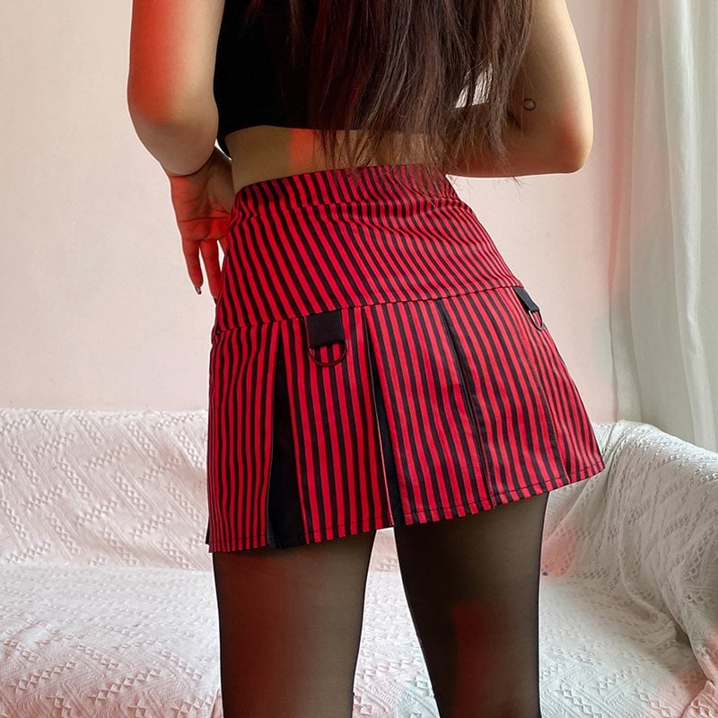 Vintage 90s Red Plaid Striped Pleated Low Waisted Skirt Academia E-Girl Kawaii Korean Japanese Harajuku Streetwear
