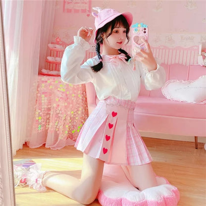 Pink Heart Plaid High Waisted Tennis Skirt Aesthetic Casual E-Girl Kawaii Korean Japanese Harajuku