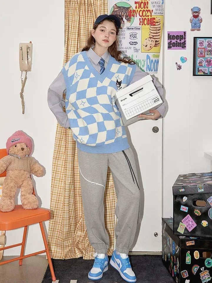Japanese Anime Checkered Vest Sweater