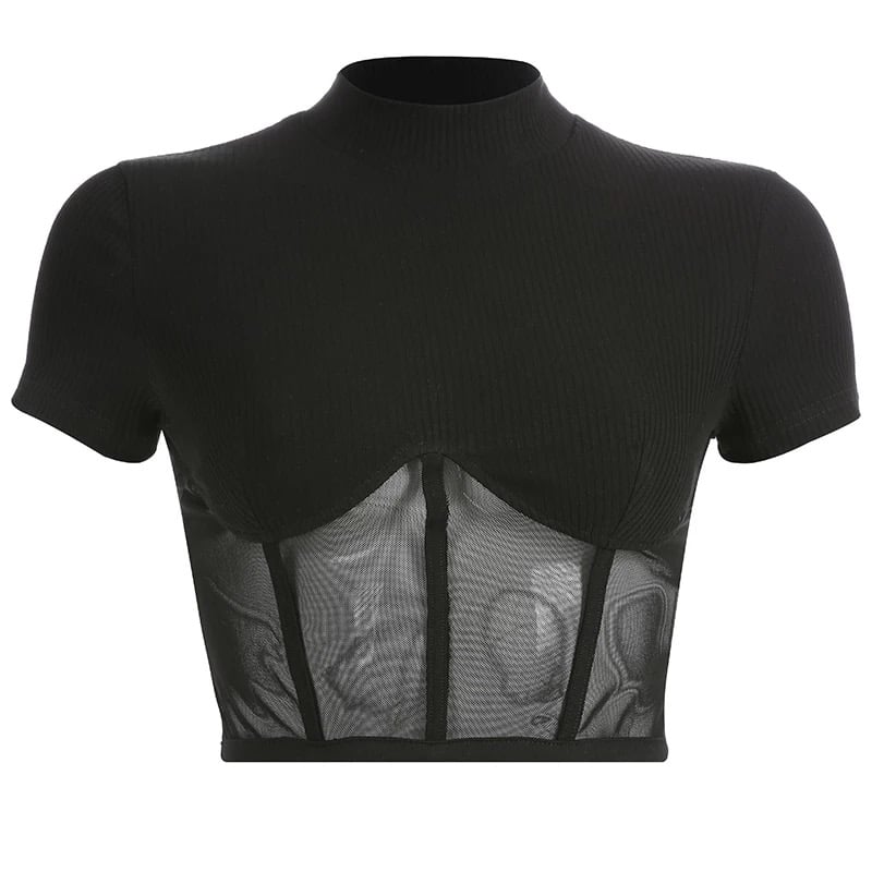 Cute Sexy Patchwork Black Mesh Crop Top Short Sleeve Shirt Tee T-shirt E-Girl Kawaii Korean Japanese Harajuku Chinese Retro Streetwear Aesthetic