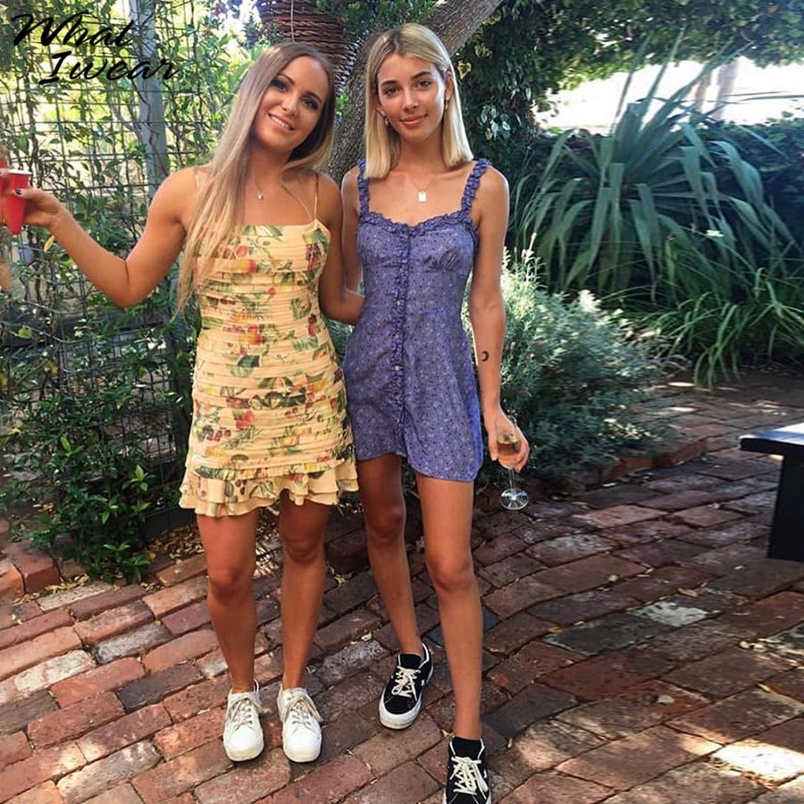 Cute Summer Fit Flare Sexy Flower Print Button Dress Kawaii Korean Japanese Harajuku Chinese Retro Streetwear Aesthetic Fashion