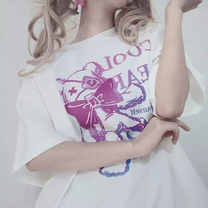 Black Bear Bow Cartoon Print Short Sleeve Tee Shirt T-shirt Top Goth Punk Causal Summer E-Girl Kawaii Korean Japanese Harajuku Streetwear