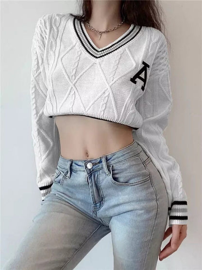 White Varsity V Neck Long Sleeve Crop Top Knit Pullover Sweater Jumper Autumn Aesthetic Casual E-Girl Kawaii Korean Japanese Harajuku