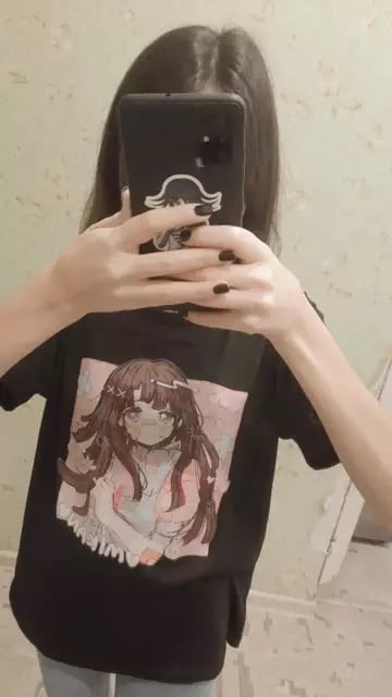 Cute Sweet Vintage Black Anime Girl Cartoon Print Short Sleeve Shirt Oversize Loose T-shirt Top Goth E-Girl Kawaii Korean Japanese Harajuku Streetwear