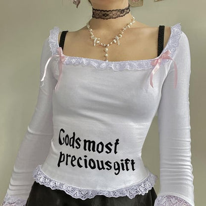 White Square Neck Lace Long Sleeve Crop Top